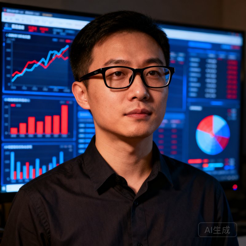 数据总监陈思远半身照，戴着眼镜，背后是数据可视化大屏，屏幕上显示着复杂的赛事数据图表