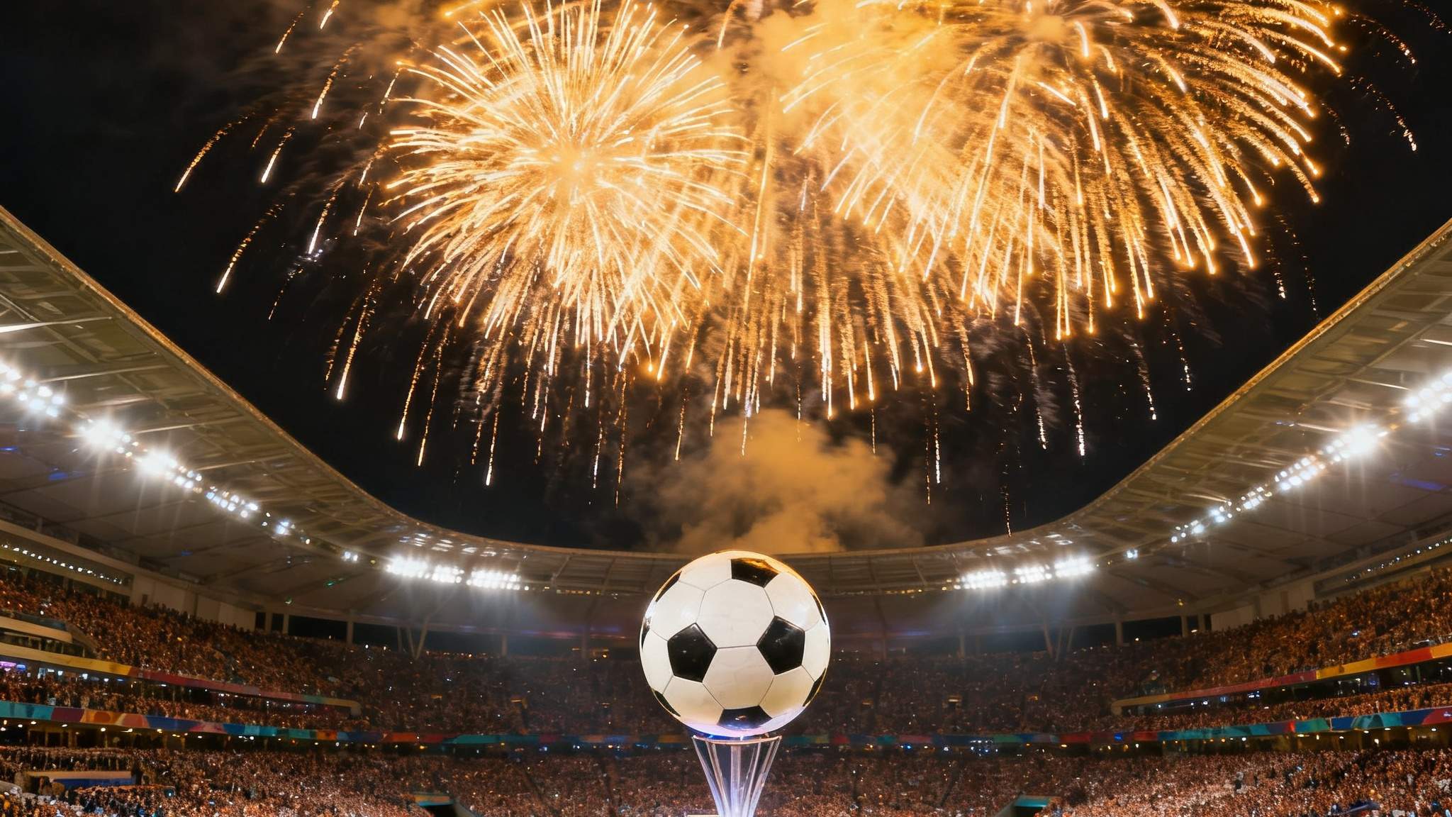 2026世界杯开幕式球场全景，灯光璀璨的体育场内数万名观众挥舞旗帜，绿茵场中央巨型足球装置缓缓升起，夜空烟花绽放照亮整个场馆
