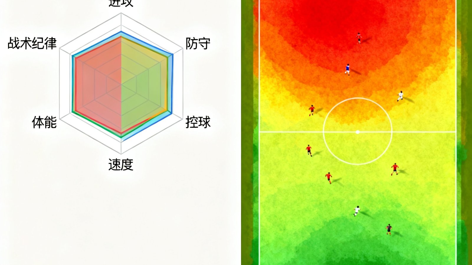 球队数据对比雷达图与热力图综合展示，六边形雷达图覆盖进攻、防守、控球、速度、体能和战术纪律六个维度，热力图呈现球员在球场各区域的触球密度